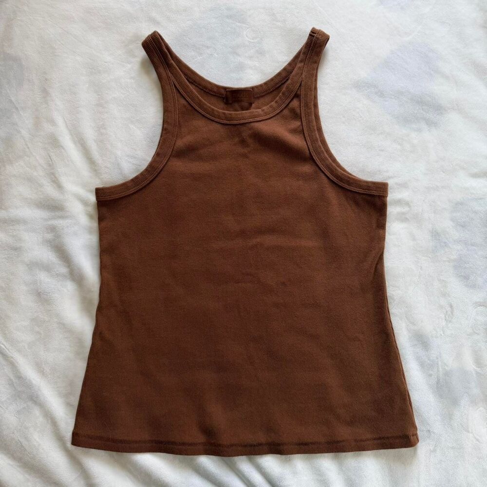 Nuuds Essential Rib Tank Top in Chocolate Cotton Blend Size Large